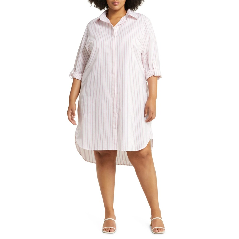 NWT | Harshman Willow Stripe Long Sleeve Cotton & Linen Shirtdress White/Rose 1X - Picture 7 of 7